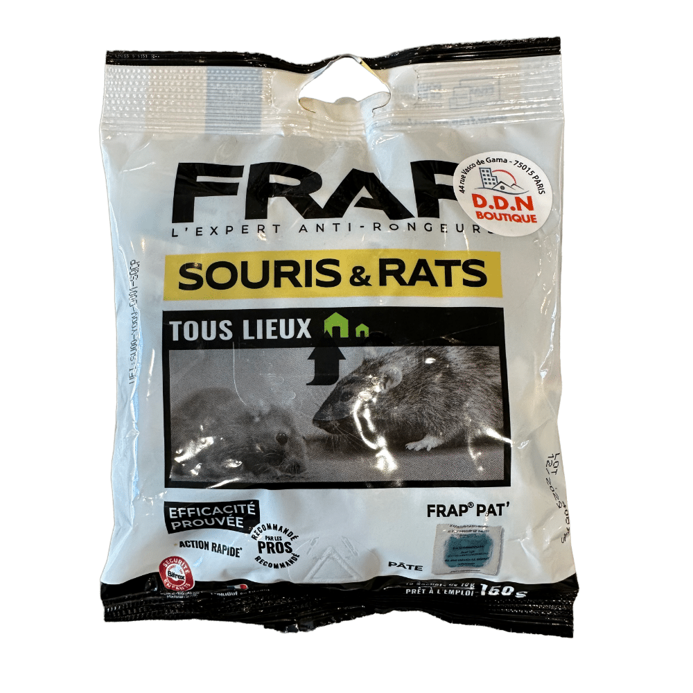Pâte appât Frap Pat' tous lieux contre les souris et les rats : 15 sachets dosés de 10 g, prêts à l'emploi, à placer en boîte d'appâtage.
